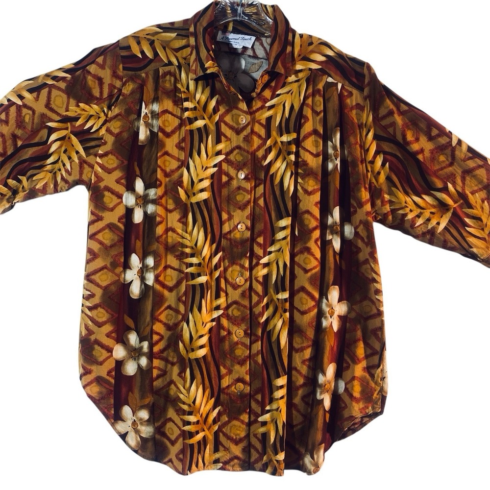Vintage 90s‎ Hawaiian Tropical Rayon Blouse Made USA Floral Button Front L